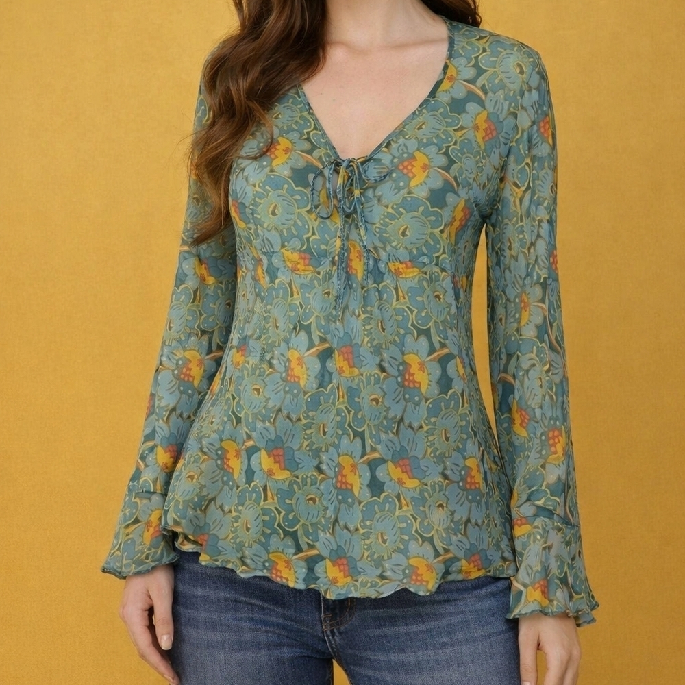 3/$30 HAROLD'S Floral Silk Tie Neck Long Sleeve Fairycore Blouse FLAWED